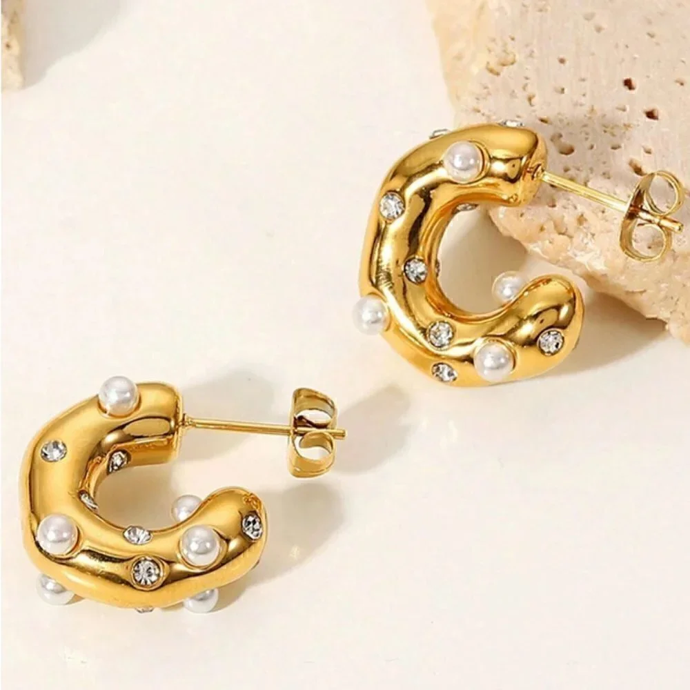 Cubic Zirconia & Faux Pearl Decor Cuff Hoop Earrings